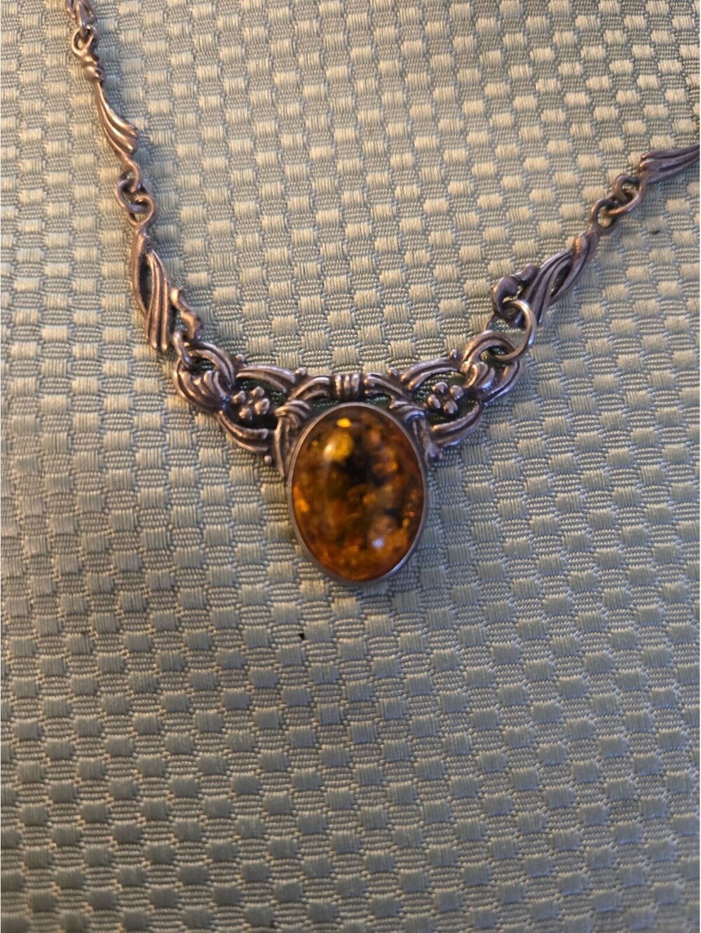 Vintage Sterling Silver Amber Cabochon Necklace - Picture 2 of 4